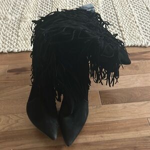 Black knee length fringe boots size 8